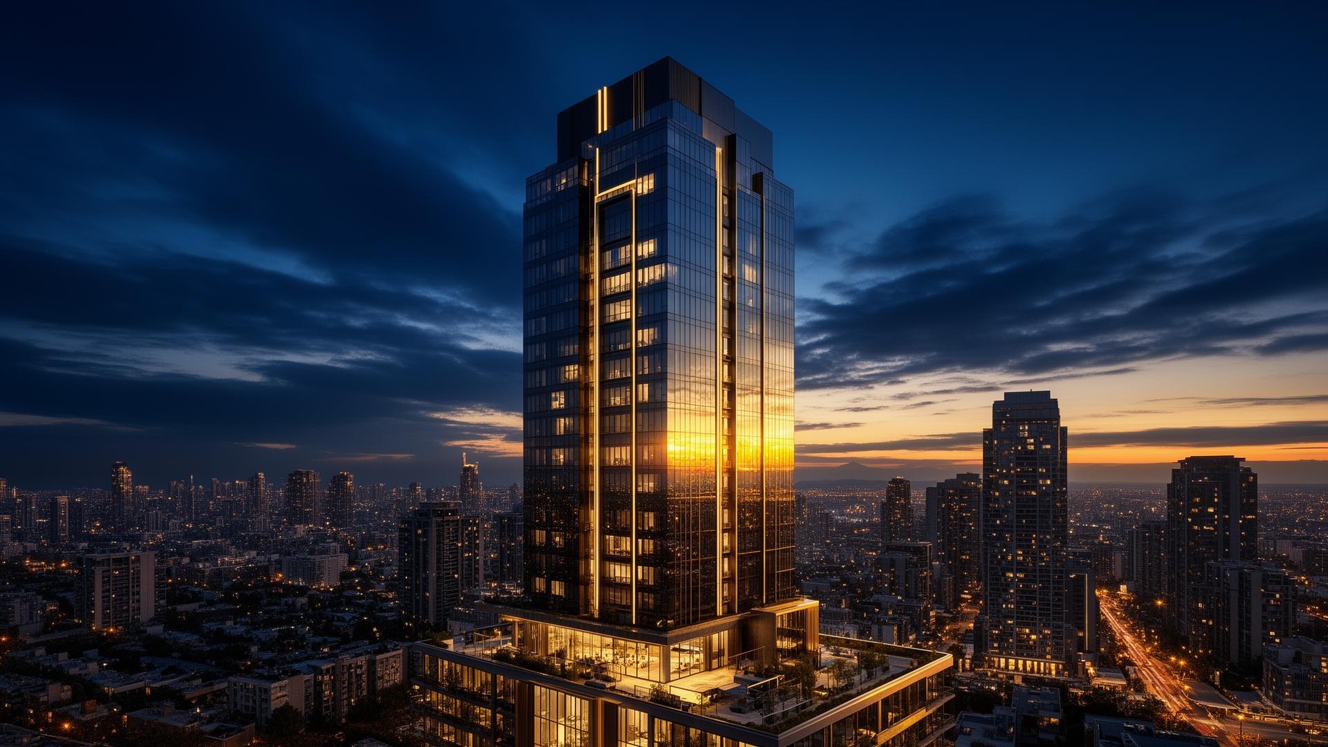 Modern urban high-rise building at twilight